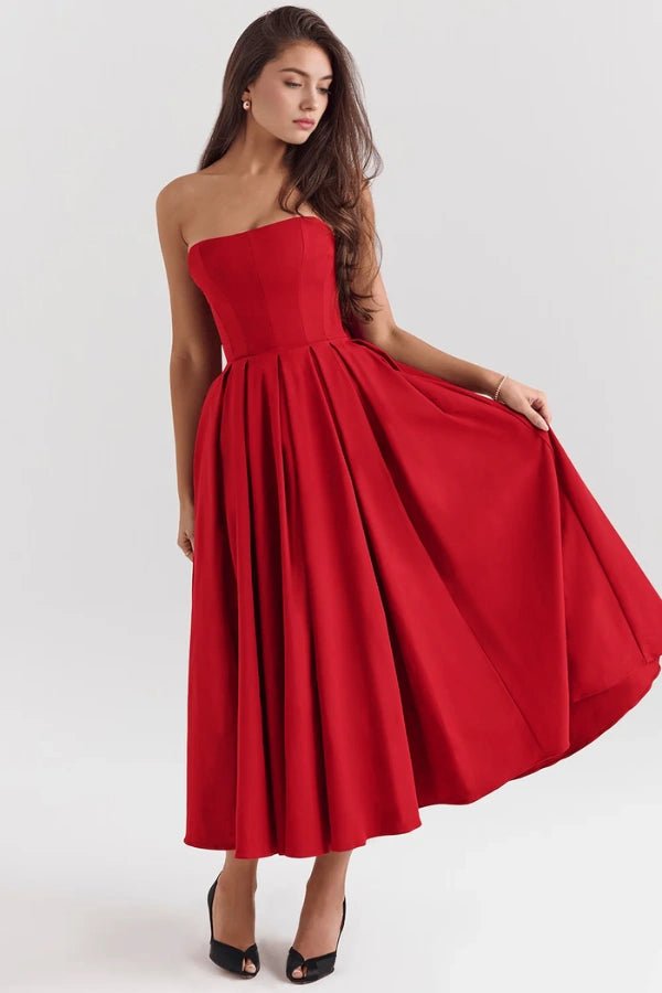 Wedding Guest Dresses | Strapless Corseted Midi Sundress with Pleated Skirt 10