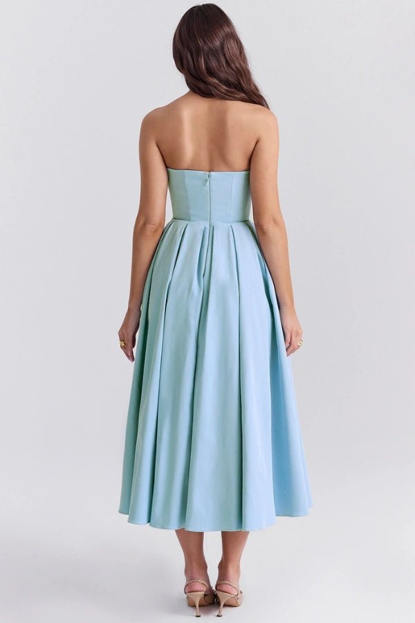 Wedding Guest Dresses | Strapless Corseted Midi Sundress with Pleated Skirt 2