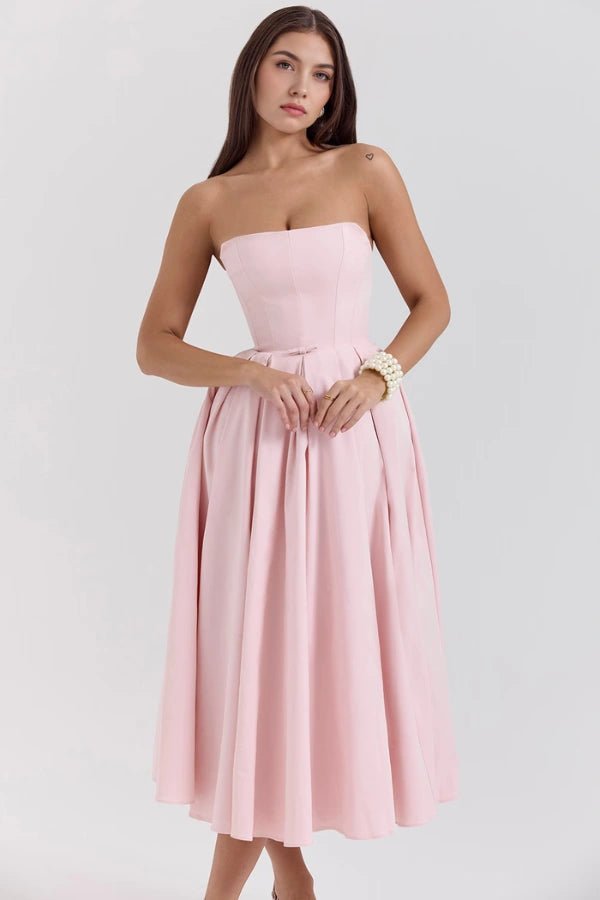 Wedding Guest Dresses | Strapless Corseted Midi Sundress with Pleated Skirt 3