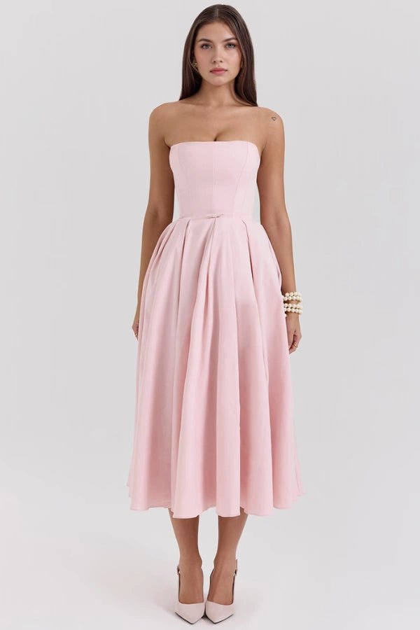 Wedding Guest Dresses | Strapless Corseted Midi Sundress with Pleated Skirt 4