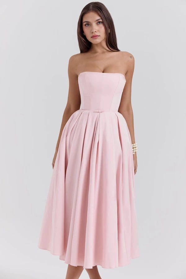 Wedding Guest Dresses | Strapless Corseted Midi Sundress with Pleated Skirt 6
