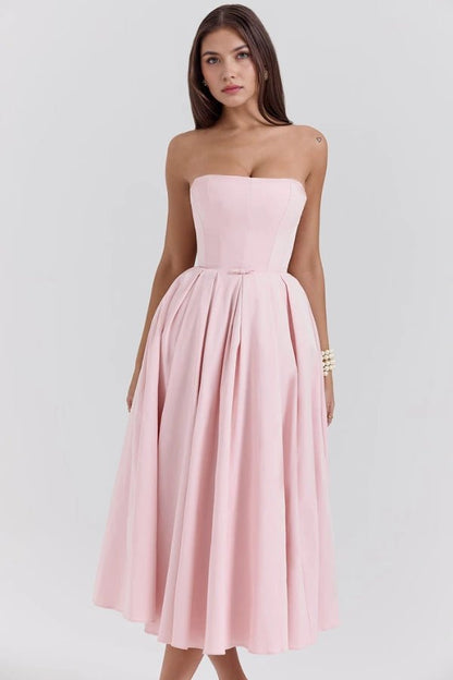 Wedding Guest Dresses | Strapless Corseted Midi Sundress with Pleated Skirt 6