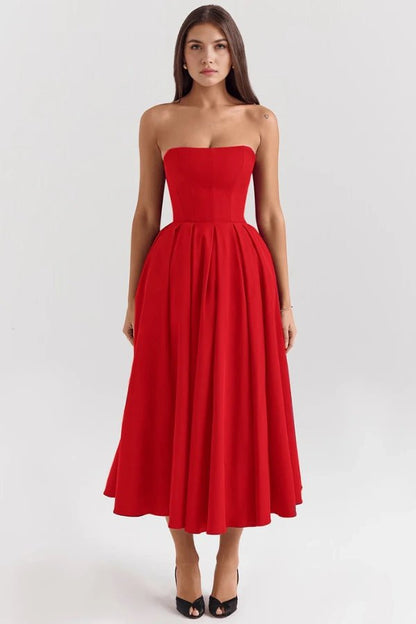 Wedding Guest Dresses | Strapless Corseted Midi Sundress with Pleated Skirt 8