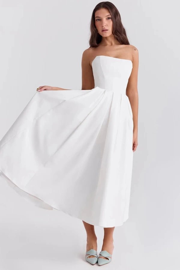 Wedding Guest Dresses | Strapless Corseted Midi Sundress with Pleated Skirt 9