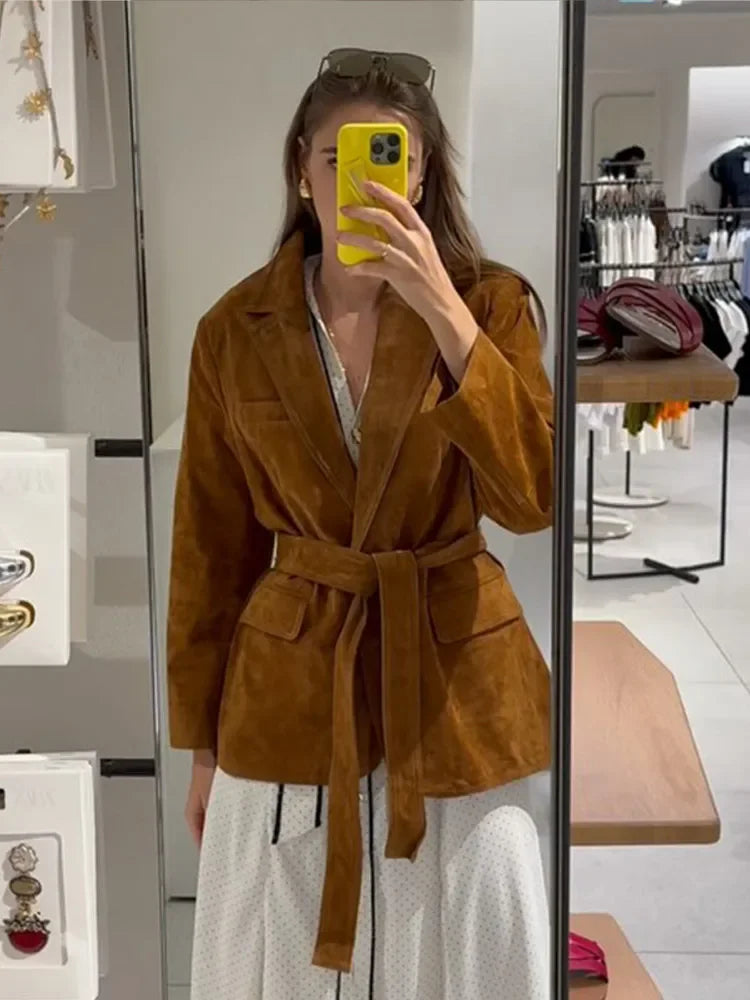Women's Coat | Suede Belted Long Sleeve Jacket with Pockets 0