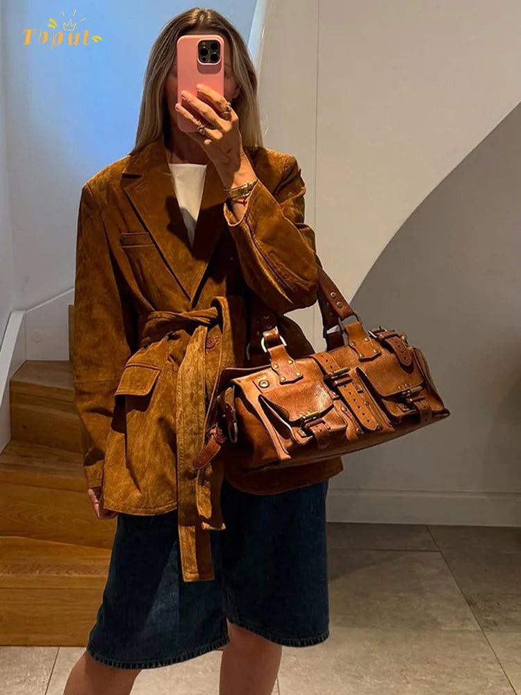 Women's Coat | Suede Belted Long Sleeve Jacket with Pockets 1