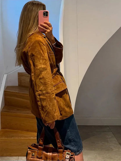 Women's Coat | Suede Belted Long Sleeve Jacket with Pockets 2