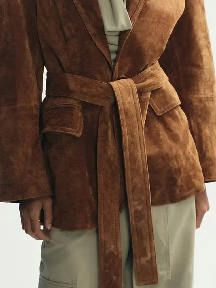 Women's Coat | Suede Belted Long Sleeve Jacket with Pockets 4