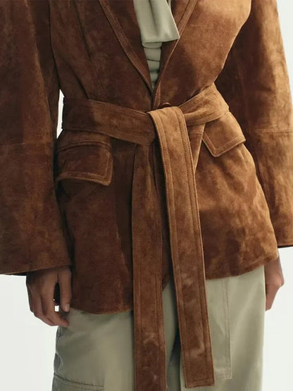 Women's Coat | Suede Belted Long Sleeve Jacket with Pockets 4