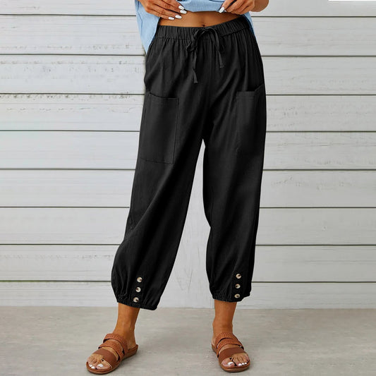 Women's Cropped Pants | Cotton Linen Blend with Drawstring Waist 0
