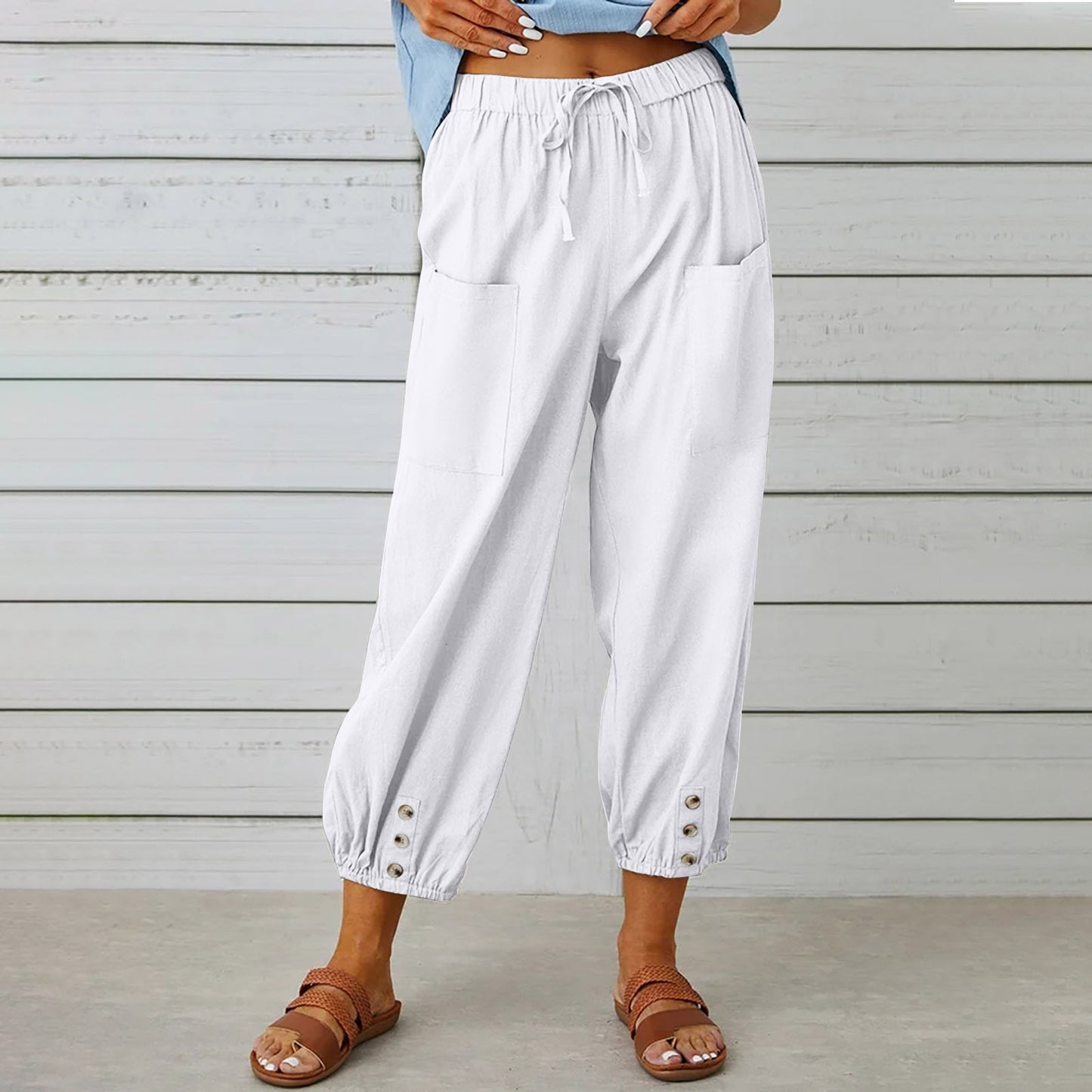 Women's Cropped Pants | Cotton Linen Blend with Drawstring Waist 3