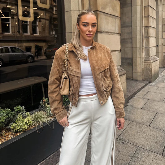 Women's Jacket | Vintage Suede Short with Loose Fit and Zipper Pockets 0