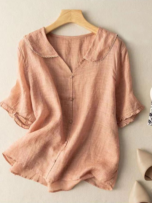 Women's Retro Blouse with Doll Collar – Cotton Linen Blend Short Sleeve Shirt 0