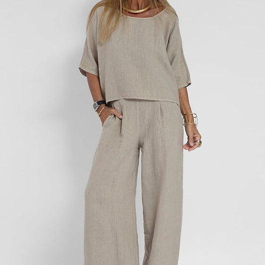 Women's Two Piece Set | Relaxed Fit Linen Blend Co Ord Set with Wide-Leg Trousers 0