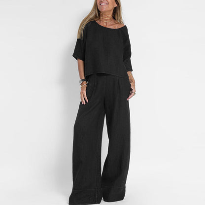 Women's Two Piece Set | Relaxed Fit Linen Blend Co Ord Set with Wide-Leg Trousers 1