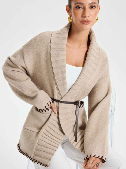 Womens Winter Coat | Knit Belted Outerwear with Contrast Stitching 0
