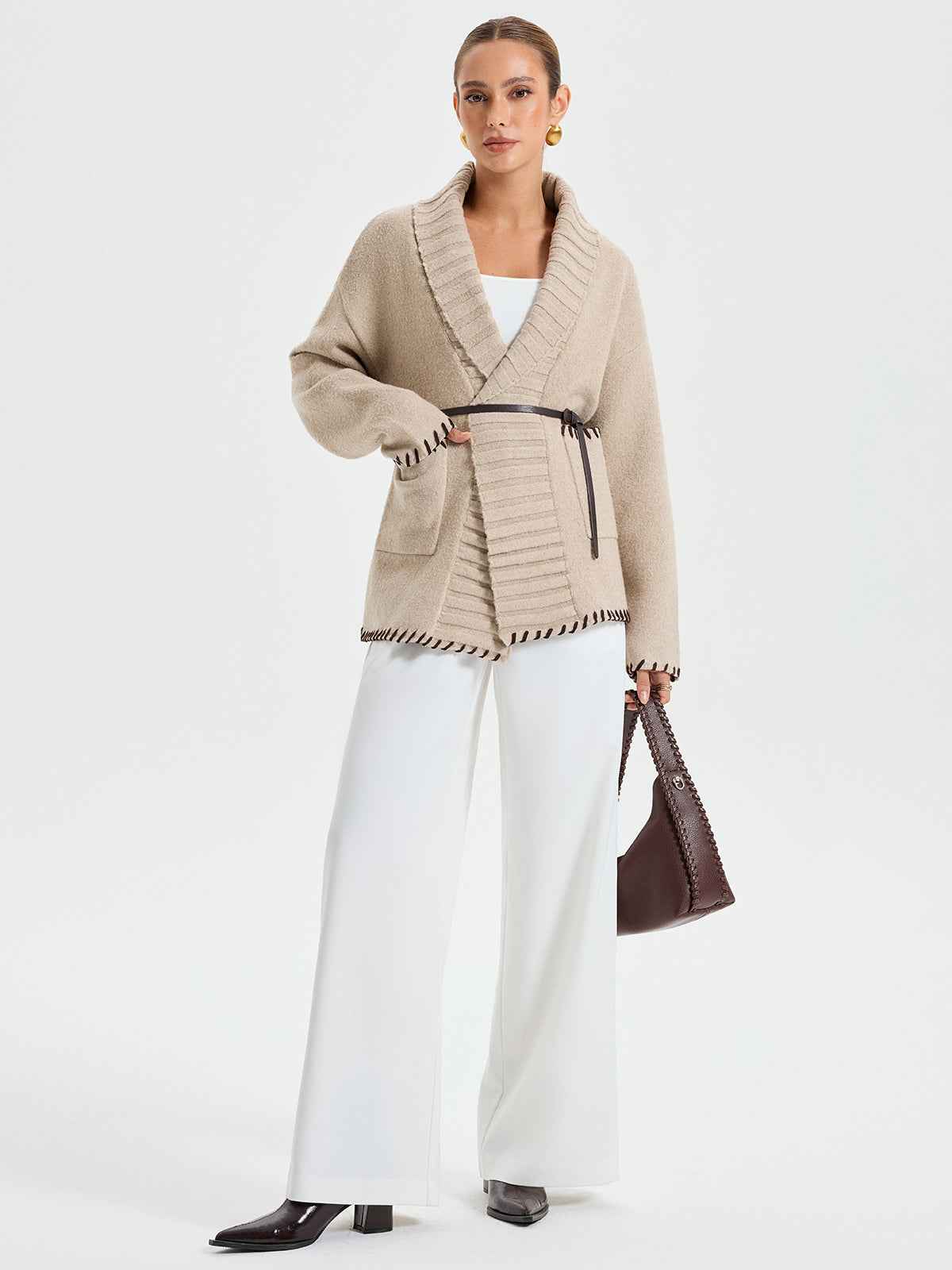 Womens Winter Coat | Knit Belted Outerwear with Contrast Stitching 1