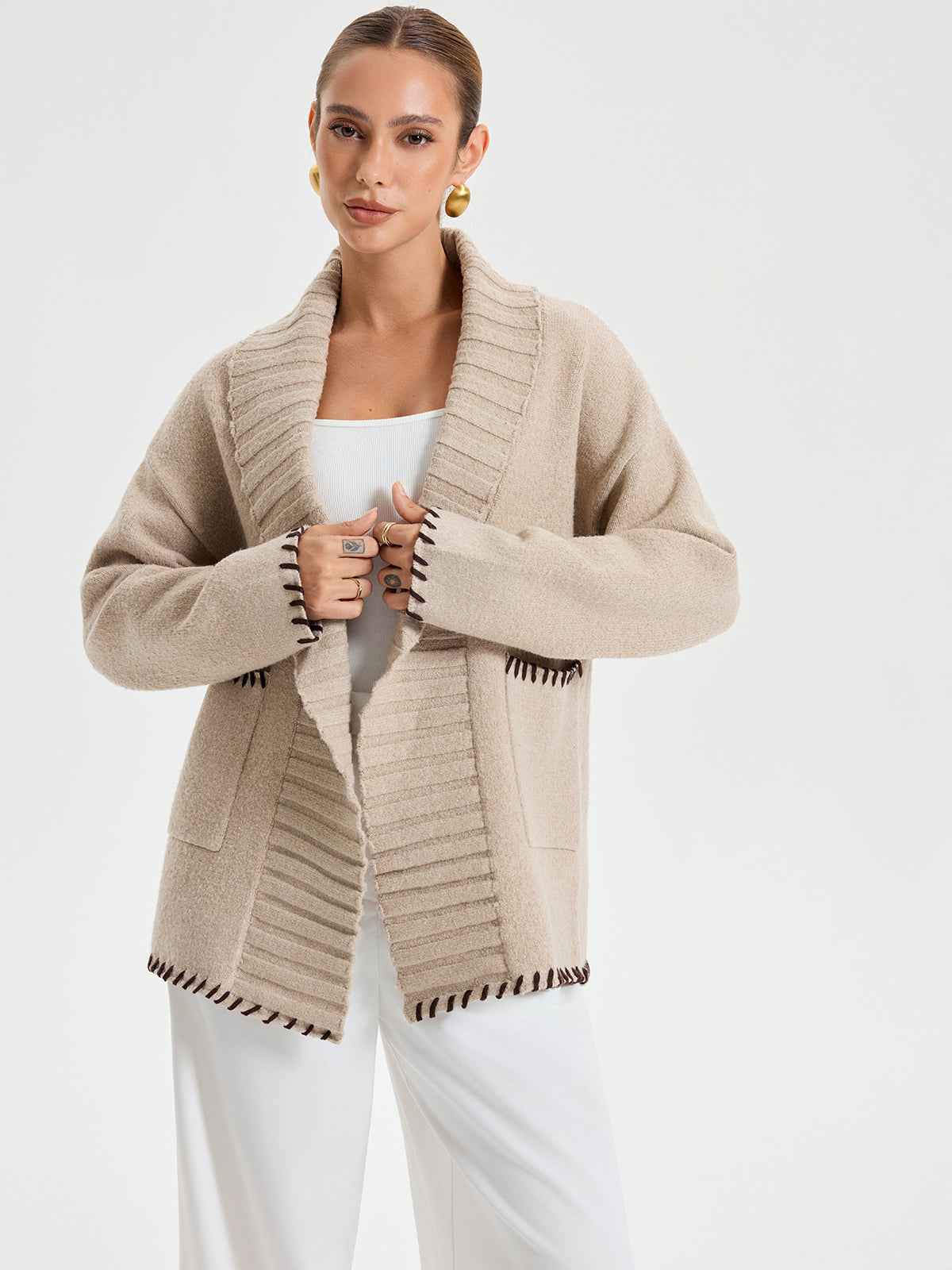 Womens Winter Coat | Knit Belted Outerwear with Contrast Stitching 2