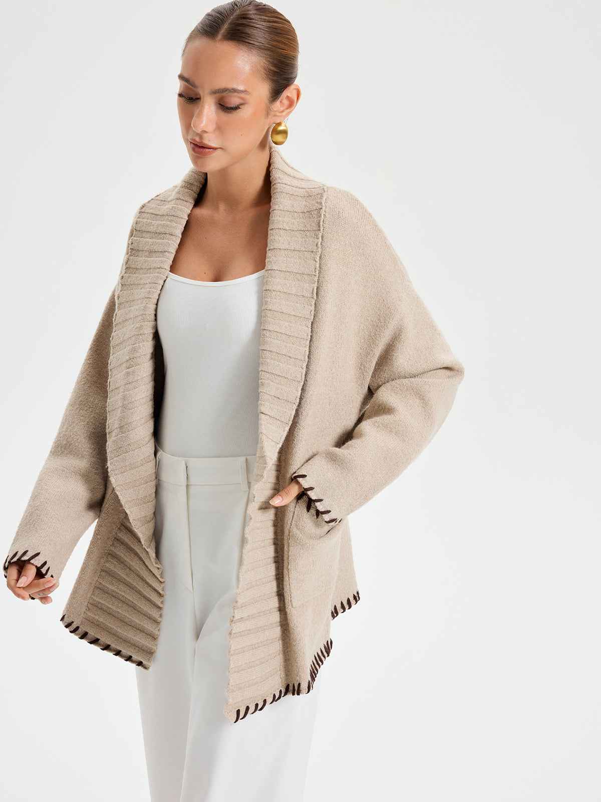 Womens Winter Coat | Knit Belted Outerwear with Contrast Stitching 3