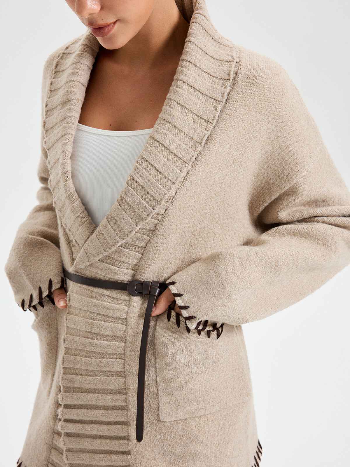 Womens Winter Coat | Knit Belted Outerwear with Contrast Stitching 4