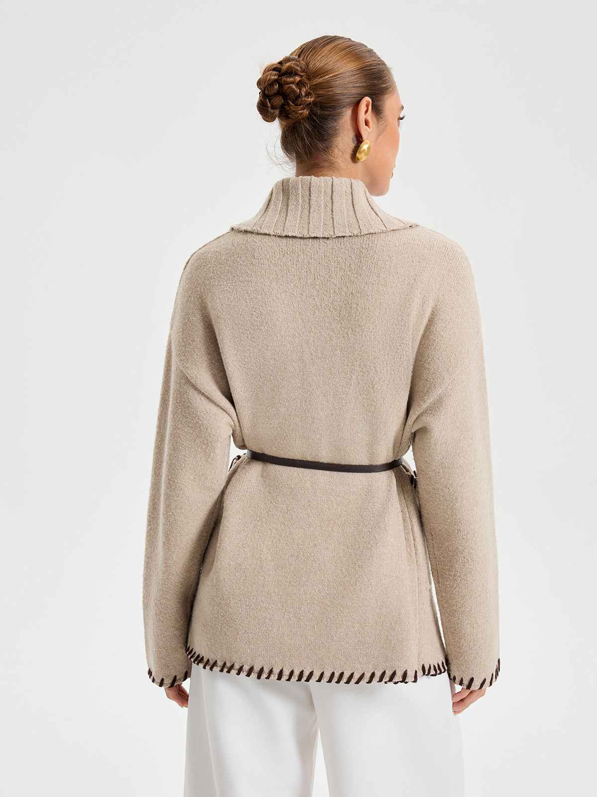 Womens Winter Coat | Knit Belted Outerwear with Contrast Stitching 5