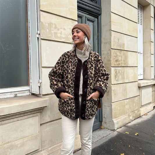 Wool Coat Women | O-Neck Leopard Print Jacket for Stylish Comfort 0