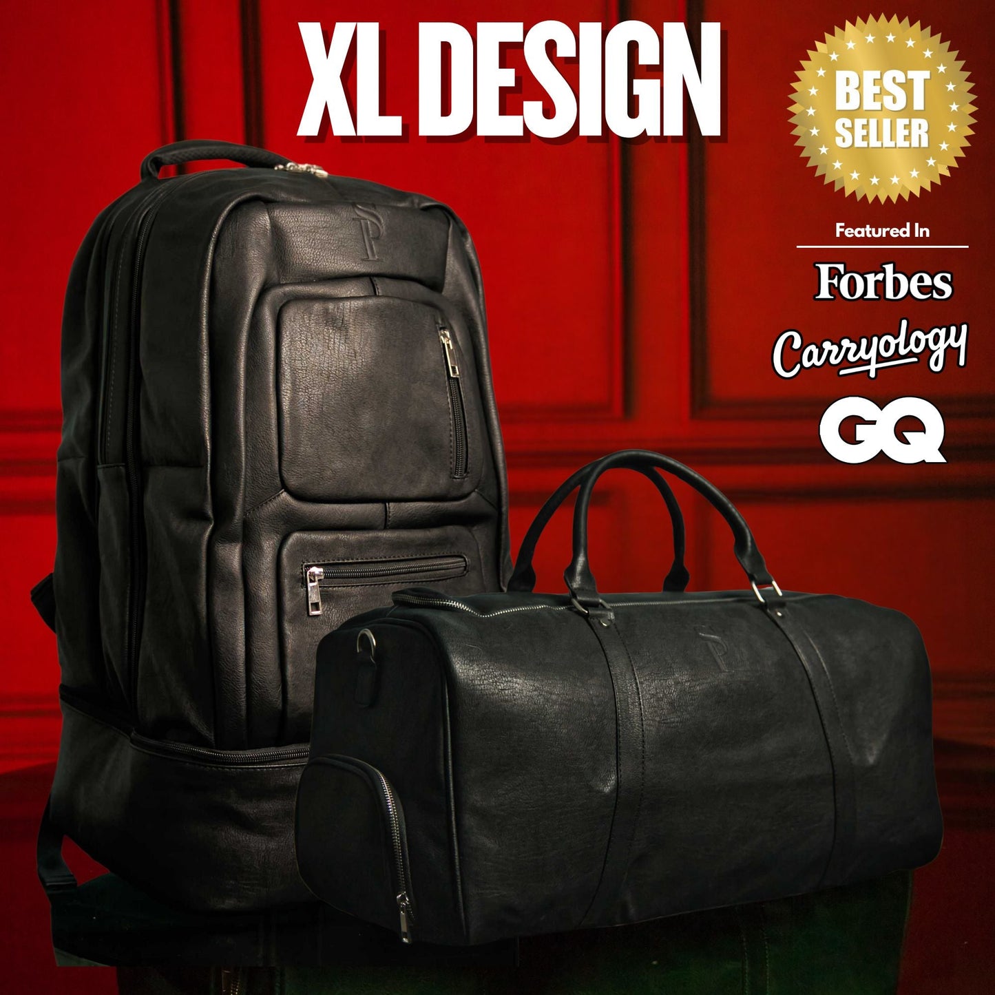 Zwarte leren XL Signature tas set (XL Signature rugzak en duffeltas)