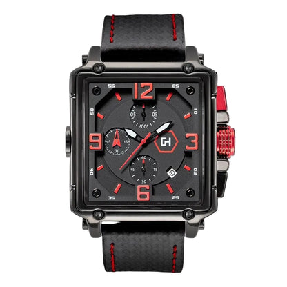 Black and red watch with a detailed face on a black background