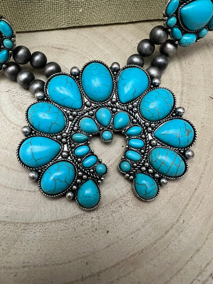 Huge Double Strand Faux Turquoise Squash Blossom Statement Necklace -  32 inch + 3