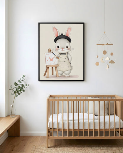 Nursery Baby Bunny Artist Retro Flat Character Printable Wall Art — framed in white on a neutral wall