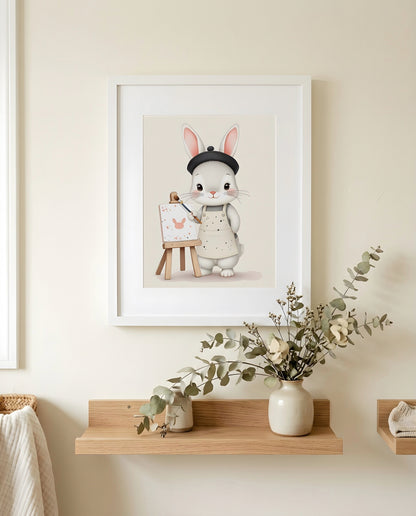 Nursery Baby Bunny Artist Retro Flat Character Printable Wall Art — close-up on a shelf alongside small ornaments