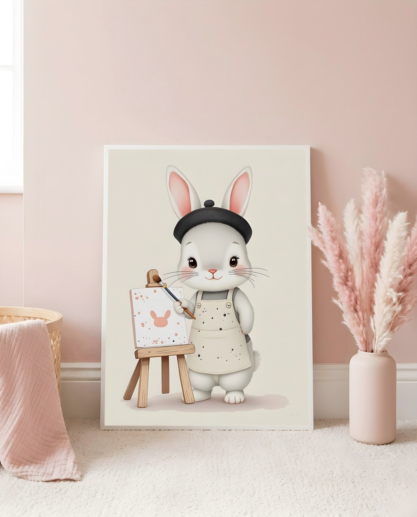 Nursery Baby Bunny Artist Retro Flat Character Printable Wall Art — leaning against a light wall in a styled setting