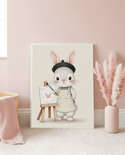 Nursery Baby Bunny Artist Retro Flat Character Printable Wall Art — leaning against a light wall in a styled setting