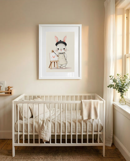 Nursery Baby Bunny Artist Retro Flat Character Printable Wall Art — framed above a crib in a softly lit nursery