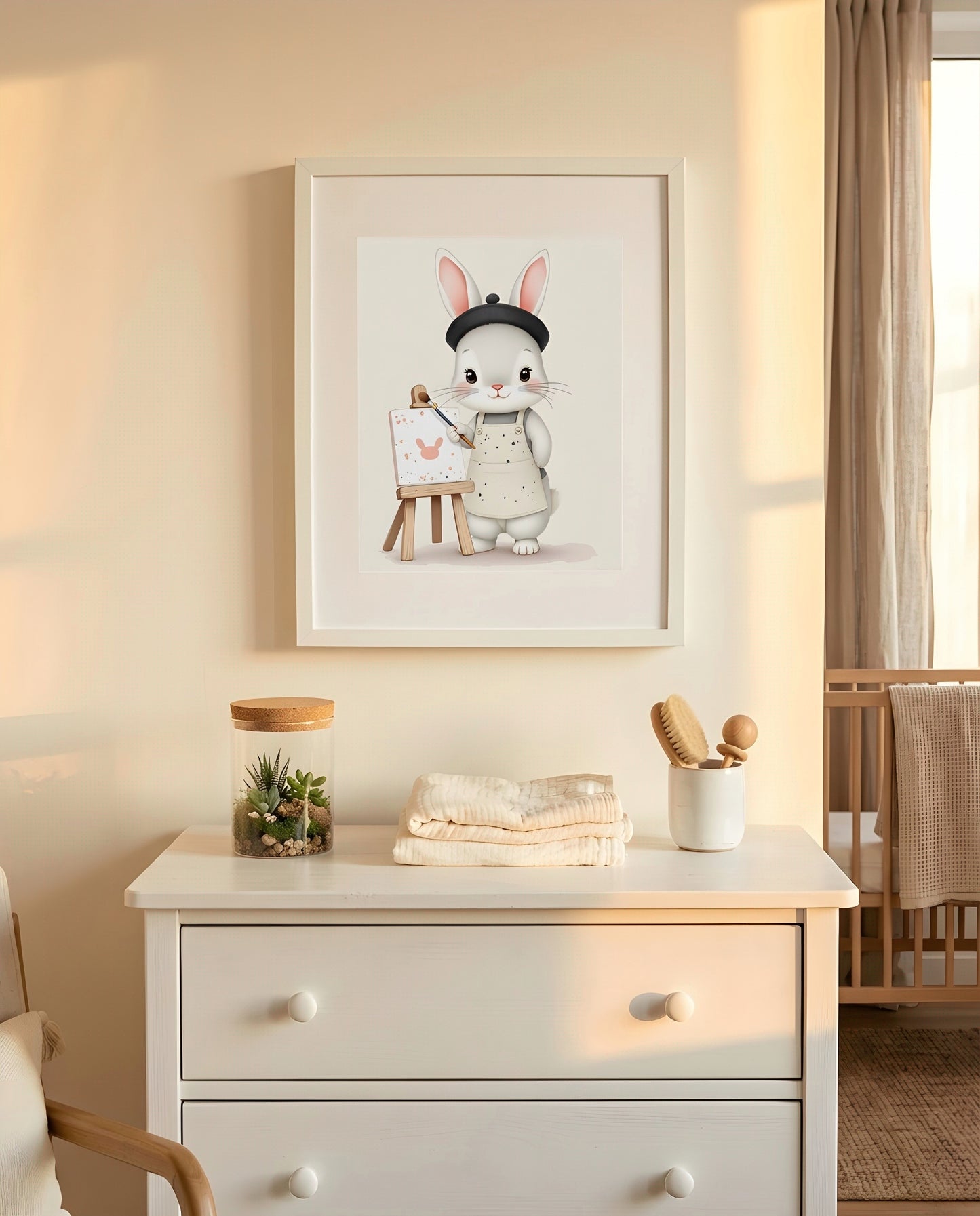 Nursery Baby Bunny Artist Retro Flat Character Printable Wall Art — hung above a dresser on a warm-toned wall
