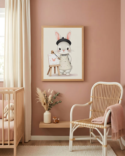 Nursery Baby Bunny Artist Retro Flat Character Printable Wall Art — displayed in a styled room corner