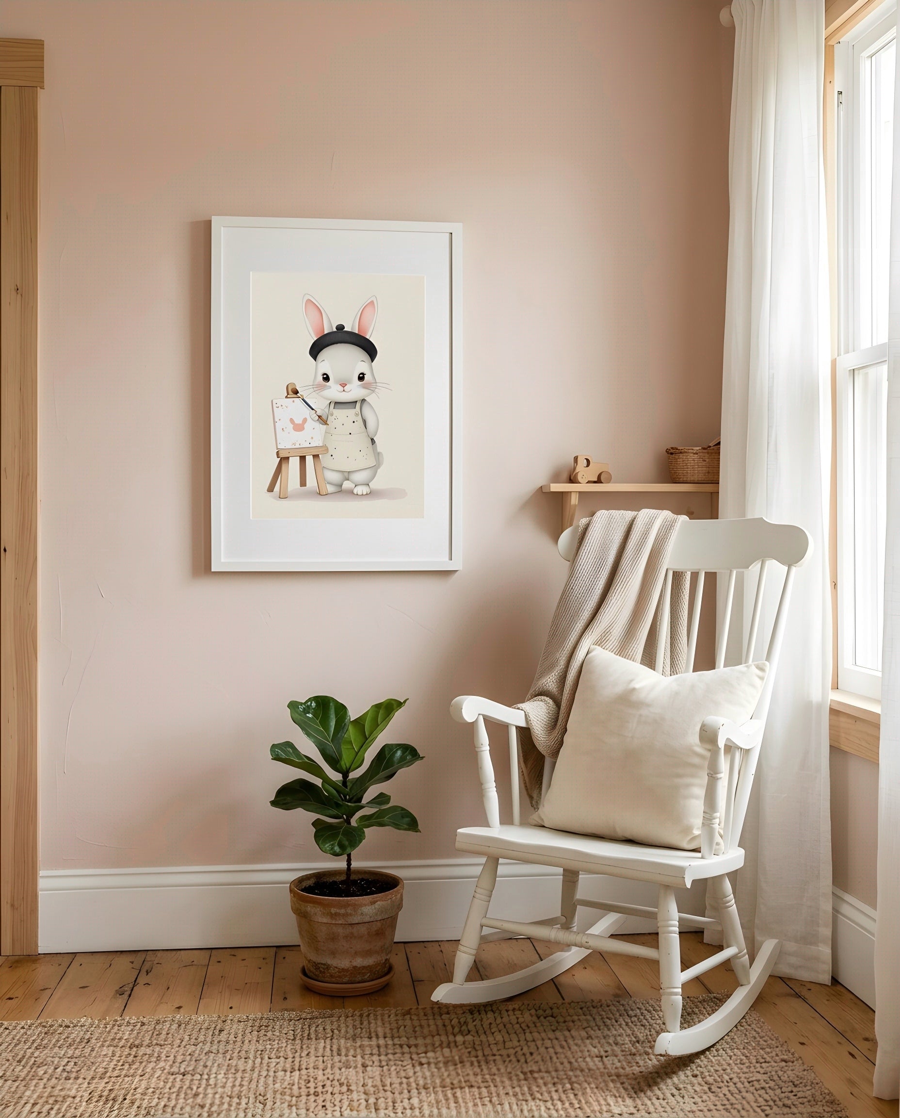 Nursery Baby Bunny Artist Retro Flat Character Printable Wall Art — displayed in a styled room corner