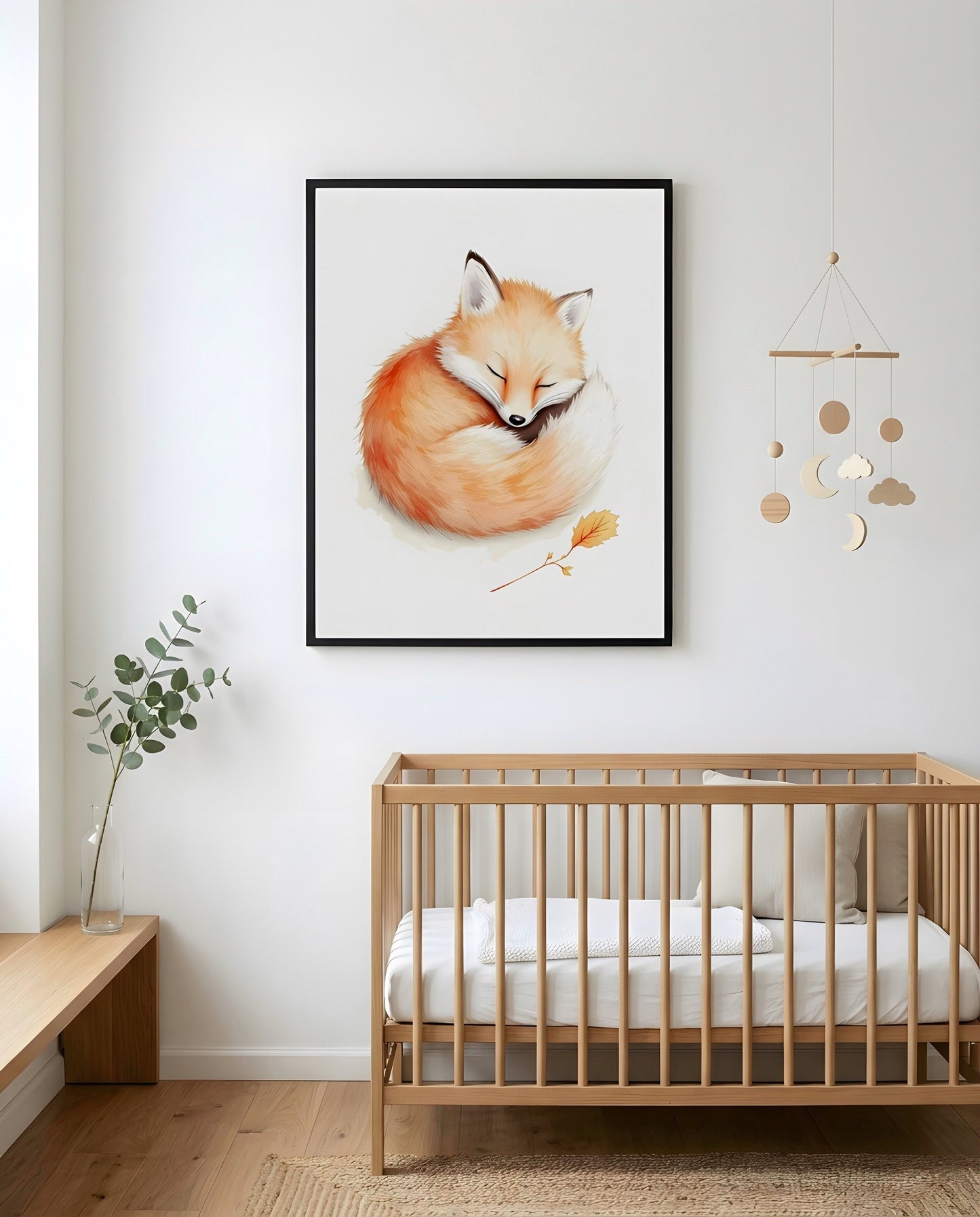 Nursery Baby Fox Minimal Watercolor Wall Art Printable — framed in white on a neutral wall