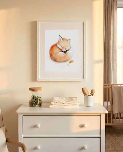 Nursery Baby Fox Minimal Watercolor Wall Art Printable — hung above a dresser on a warm-toned wall