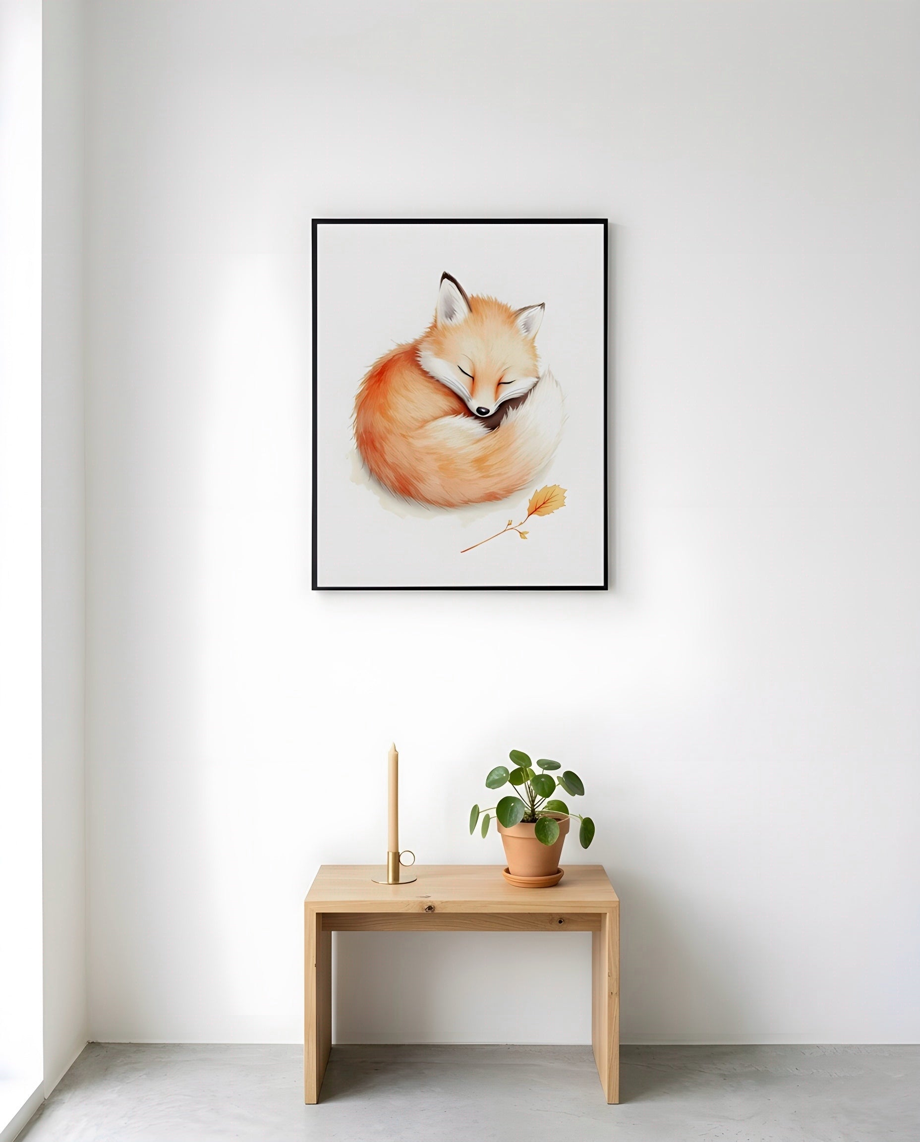 Nursery Baby Fox Minimal Watercolor Wall Art Printable — displayed in a styled room corner