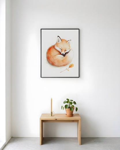 Nursery Baby Fox Minimal Watercolor Wall Art Printable — displayed in a styled room corner