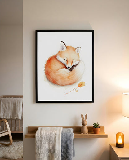 Nursery Baby Fox Minimal Watercolor Wall Art Printable — displayed in a styled home setting