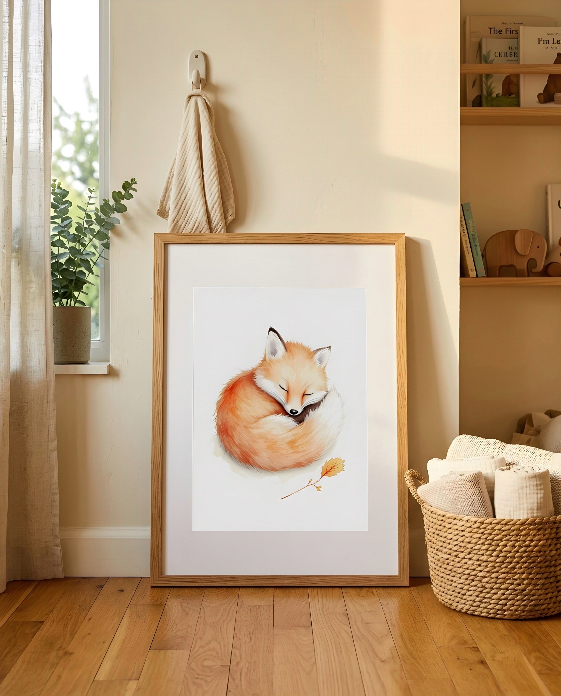Nursery Baby Fox Minimal Watercolor Wall Art Printable — leaning against a light wall in a styled setting