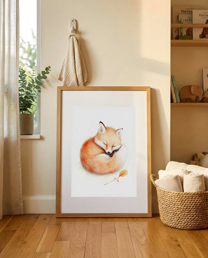Nursery Baby Fox Minimal Watercolor Wall Art Printable — leaning against a light wall in a styled setting