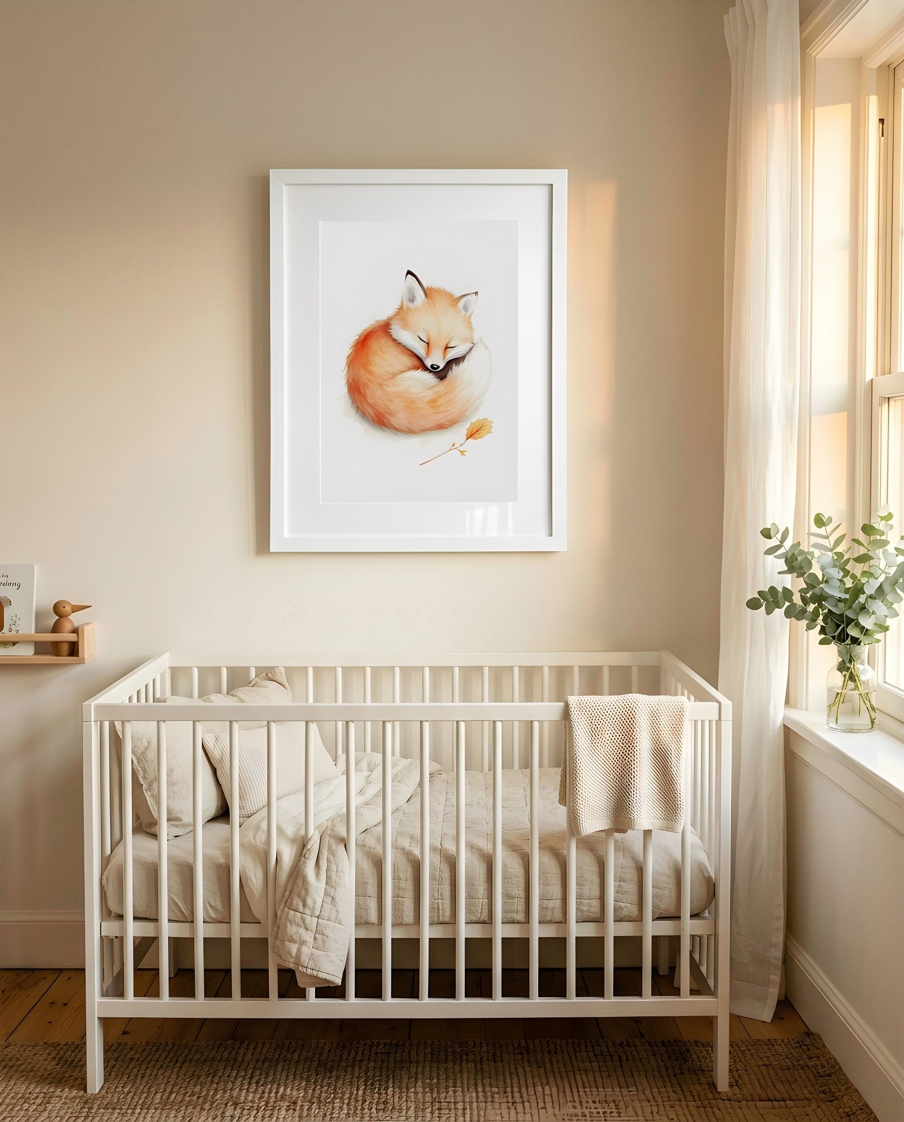 Nursery Baby Fox Minimal Watercolor Wall Art Printable — framed above a crib in a softly lit nursery