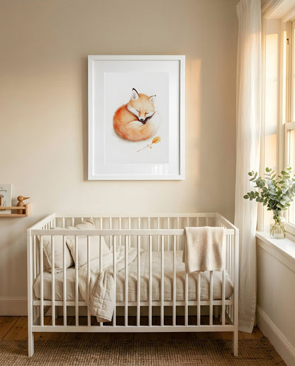 Nursery Baby Fox Minimal Watercolor Wall Art Printable — framed above a crib in a softly lit nursery