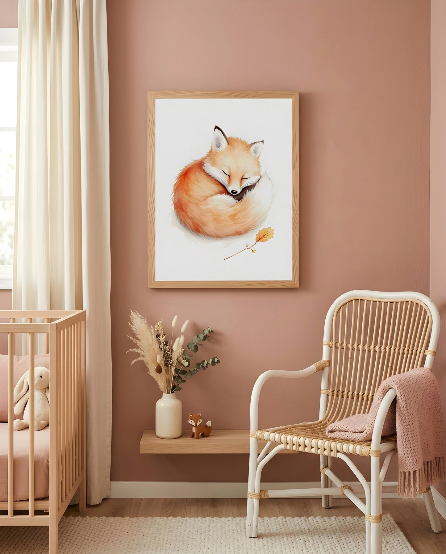 Nursery Baby Fox Minimal Watercolor Wall Art Printable — displayed in a styled room corner