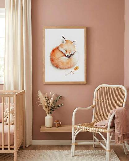 Nursery Baby Fox Minimal Watercolor Wall Art Printable — displayed in a styled room corner