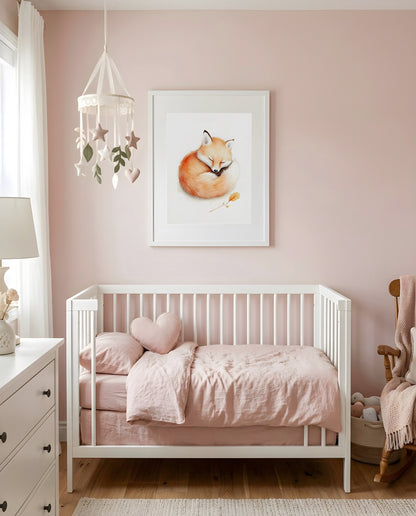 Nursery Baby Fox Minimal Watercolor Wall Art Printable — framed above a crib in a softly lit nursery