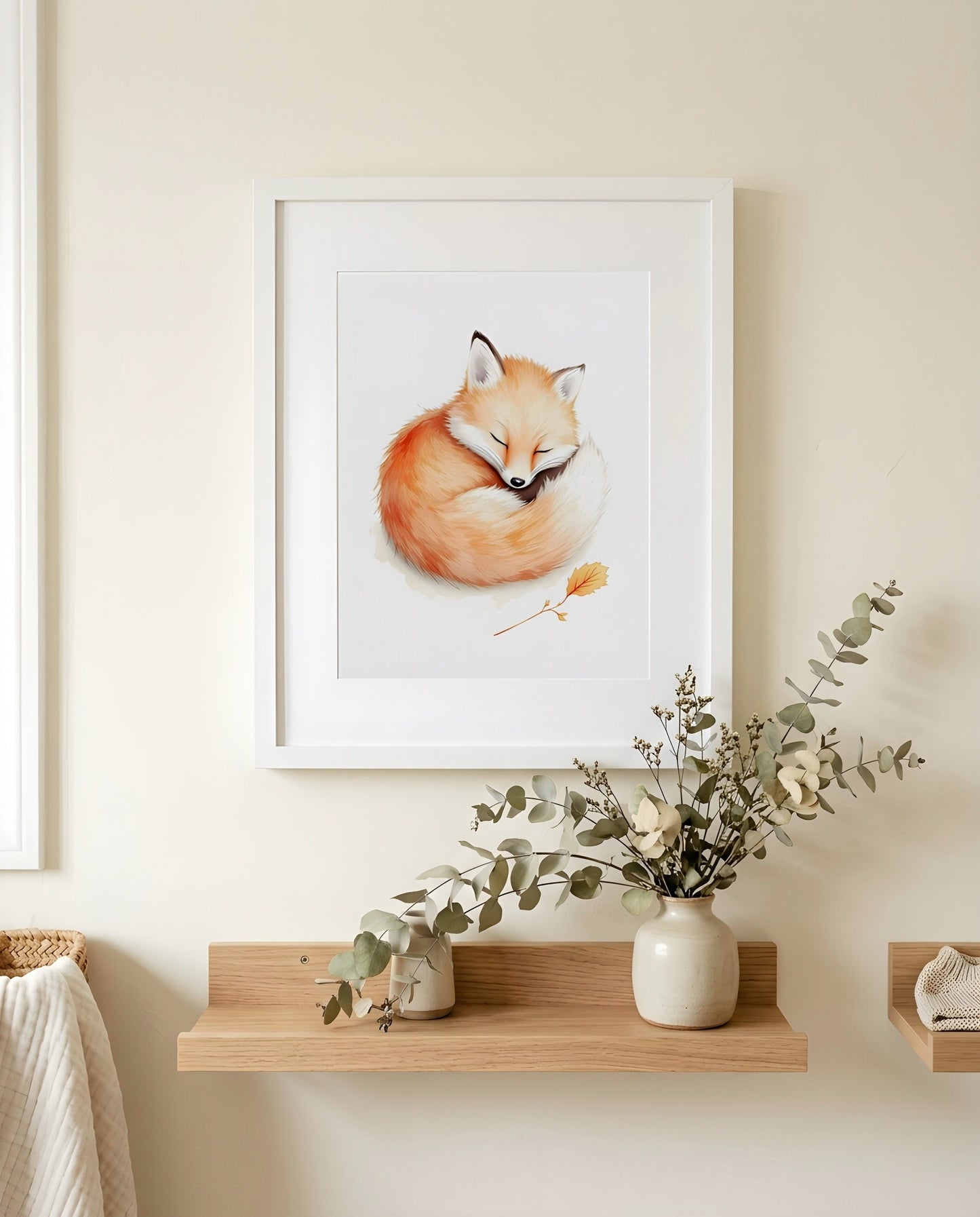 Nursery Baby Fox Minimal Watercolor Wall Art Printable — close-up on a shelf alongside small ornaments
